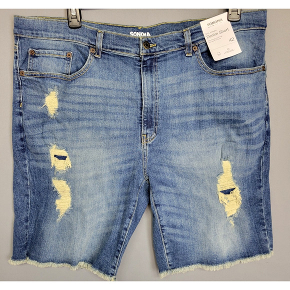 Sonoma Denim Shorts Mens 42 Blue Distressed Frayed Hem 9 Inch Inseam Stretch - Picture 1 of 11